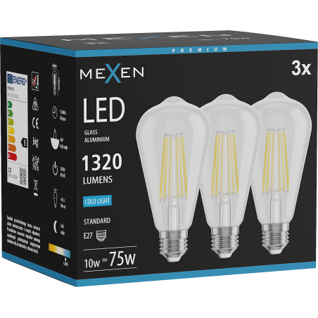 Mexen Vintis 3x Ampoule filament LED E27, ST64, 10W, Froid - 6500K, 1320 lm, transparent - L152-E27-1040-00x03