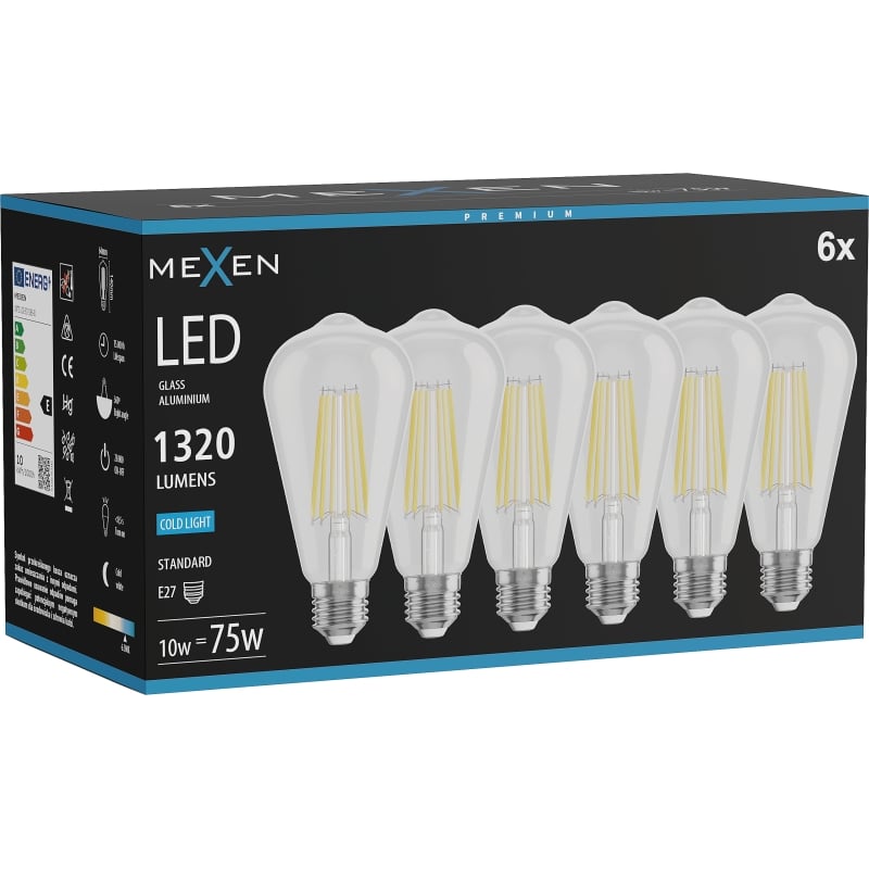 Mexen Vintis 6x Ampoule filament LED E27, ST64, 10W, Froid - 6500K, 1320 lm, transparent - L152-E27-1040-00x06