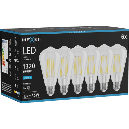 Mexen Vintis 6x Ampoule filament LED E27, ST64, 10W, Froid - 6500K, 1320 lm, transparent - L152-E27-1040-00x06