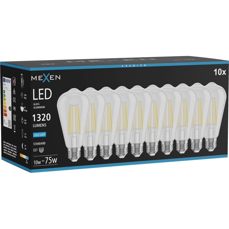 Mexen Vintis 10x Ampoule filament LED E27, ST64, 10W, Froid - 6500K, 1320 lm, claire - L152-E27-1040-00x10 - L152-E27-1065-00x10