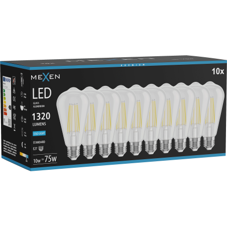 Mexen Vintis 10x Ampoule filament LED E27, ST64, 10W, Froid - 6500K, 1320 lm, claire - L152-E27-1040-00x10 - L152-E27-1065-00x10