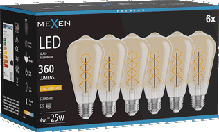 Mexen Vintis 6x Ampoule à filament spirale LED E27, ST64, 4W, Chaude - 2200K, 360 lm, ambre - L162-E27-0422-50x06