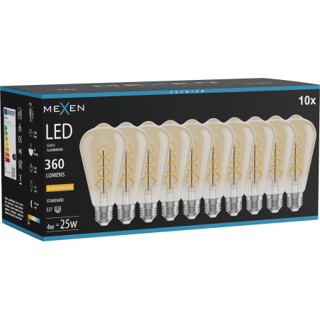 Mexen Vintis 10x Ampoule filament spirale LED E27, ST64, 4W, Chaude - 2200K, 360 lm, ambre - L162-E27-0422-50x10
