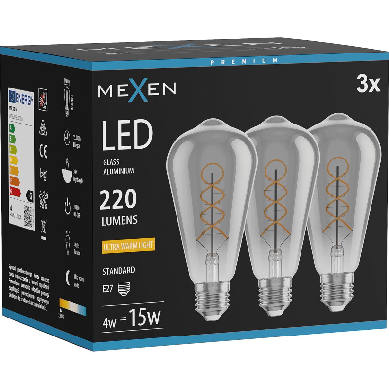 Mexen Vintis 3x Ampoule filament spirale LED E27, ST64, 4W, Chaude - 2200K, 220 lm, fumée - L162-E27-0422-70x03