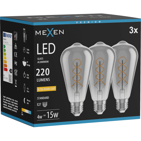 Mexen Vintis 3x Ampoule filament spirale LED E27, ST64, 4W, Chaude - 2200K, 220 lm, fumée - L162-E27-0422-70x03