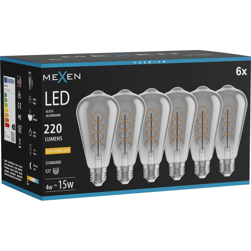 Mexen Vintis 6x Ampoule filament spirale LED E27, ST64, 4W, Chaude - 2200K, 220 lm, fumée - L162-E27-0422-70x06