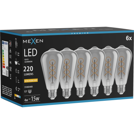 Mexen Vintis 6x Ampoule filament spirale LED E27, ST64, 4W, Chaude - 2200K, 220 lm, fumée - L162-E27-0422-70x06