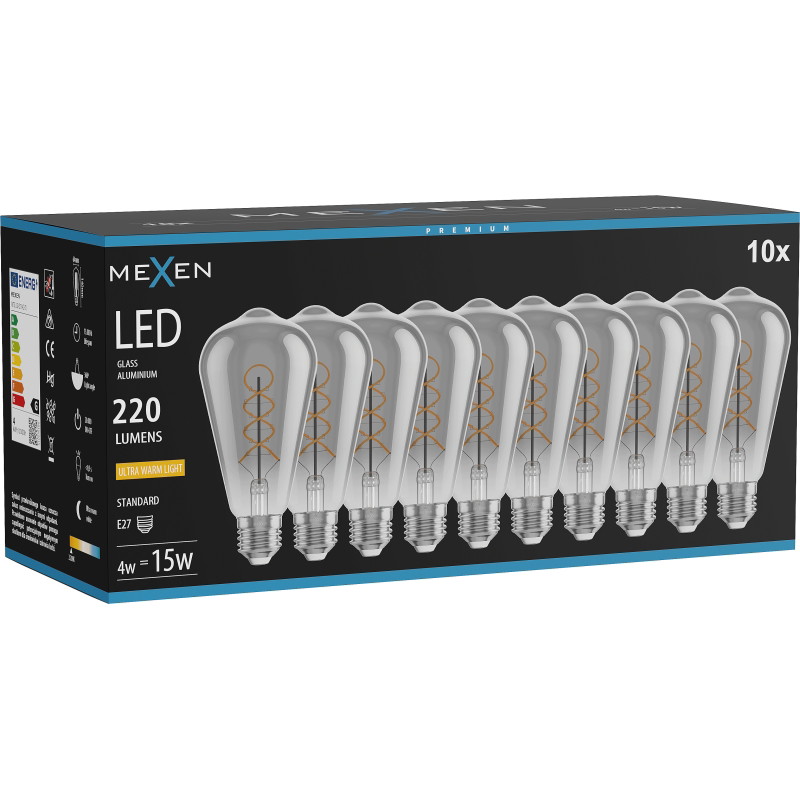 Mexen Vintis 10x Ampoule à filament spirale LED E27, ST64, 4W, Chaude - 2200K, 220 lm, fumée - L162-E27-0422-70x10