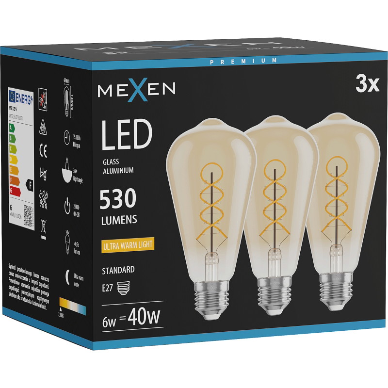 Mexen Vintis 3x Ampoule filament spirale LED E27, ST64, 6W, Chaude - 2200K, 530 lm, ambre - L162-E27-0622-50x03