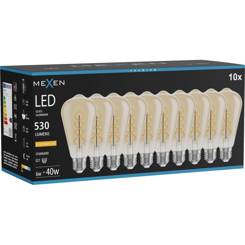 Mexen Vintis 10x Ampoule LED filament spirale E27, ST64, 6W, Chaude - 2200K, 530 lm, ambre - L162-E27-0622-50x10