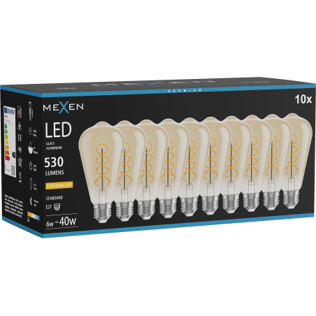 Mexen Vintis 10x Ampoule LED filament spirale E27, ST64, 6W, Chaude - 2200K, 530 lm, ambre - L162-E27-0622-50x10