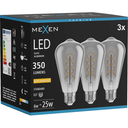 Mexen Vintis 3x Ampoule filament spiralée LED E27, ST64, 6W, Chaude - 2200K, 350 lm, fumée - L162-E27-0622-70x03