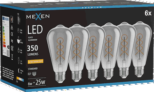 Mexen Vintis 6x Ampoule filament spirale LED E27, ST64, 6W, Chaude - 2200K, 350 lm, fumée - L162-E27-0622-70x06