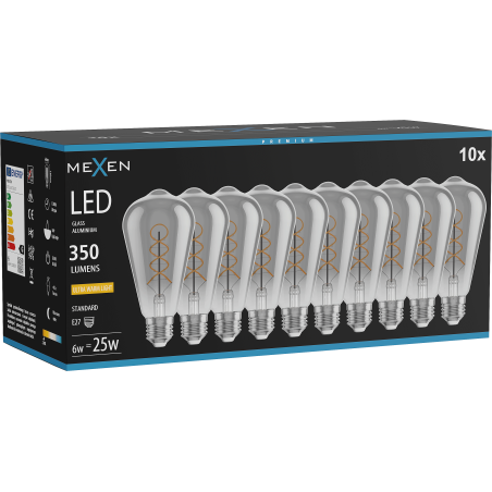 Mexen Vintis 10x Ampoule à filament spirale LED E27, ST64, 6W, Chaude - 2200K, 350 lm, fumée - L162-E27-0622-70x10
