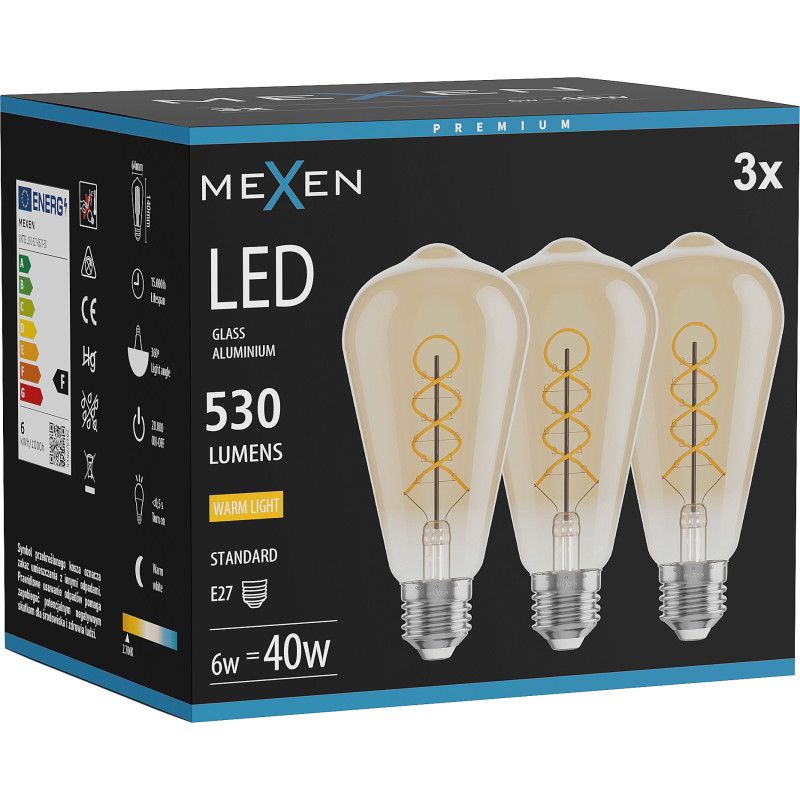 Mexen Vintis 3x Ampoule filament spirale LED E27, ST64, 6W, Chaude - 2700K, 530 lm, ambre - L162-E27-0627-50x03