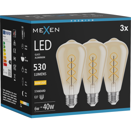 Mexen Vintis 3x Ampoule filament spirale LED E27, ST64, 6W, Chaude - 2700K, 530 lm, ambre - L162-E27-0627-50x03
