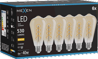 Mexen Vintis 6x Ampoule filament spirale LED E27, ST64, 6W, Chaude - 2700K, 530 lm, ambre - L162-E27-0627-50x06