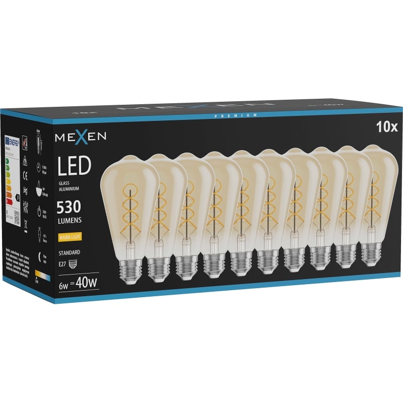 Mexen Vintis 10x Ampoule filament spirale LED E27, ST64, 6W, Chaud - 2700K, 530 lm, ambre - L162-E27-0627-50x10