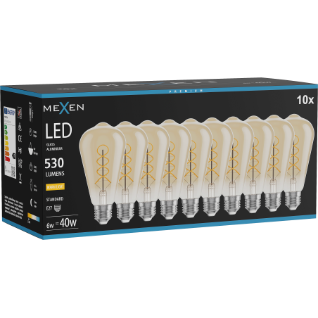 Mexen Vintis 10x Ampoule filament spirale LED E27, ST64, 6W, Chaud - 2700K, 530 lm, ambre - L162-E27-0627-50x10