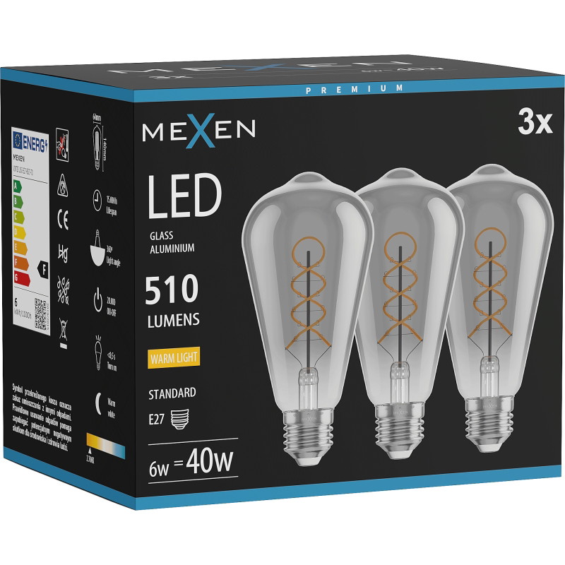 Mexen Vintis 3x Ampoule filament spirale LED E27, ST64, 6W, Chaude - 2700K, 510 lm, fumée - L162-E27-0627-70x03