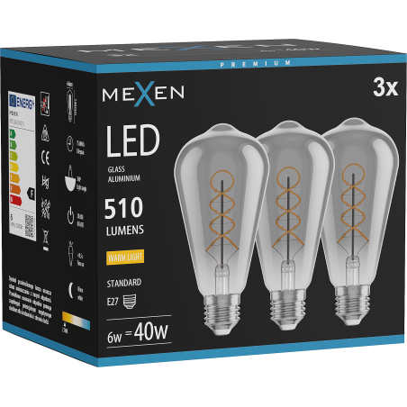 Mexen Vintis 3x Ampoule filament spirale LED E27, ST64, 6W, Chaude - 2700K, 510 lm, fumée - L162-E27-0627-70x03
