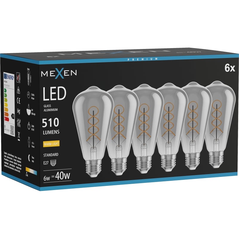 Mexen Vintis 6x Ampoule filament spirale LED E27, ST64, 6W, Chaude - 2700K, 510 lm, fumé - L162-E27-0627-70x06