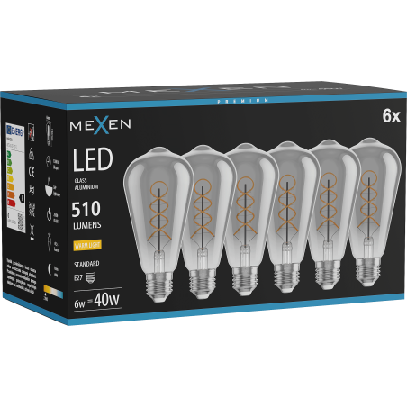 Mexen Vintis 6x Ampoule filament spirale LED E27, ST64, 6W, Chaude - 2700K, 510 lm, fumé - L162-E27-0627-70x06