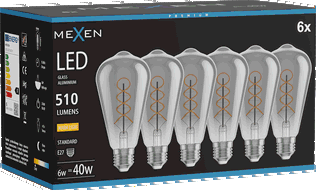 Mexen Vintis 6x Ampoule filament spirale LED E27, ST64, 6W, Chaude - 2700K, 510 lm, fumé - L162-E27-0627-70x06