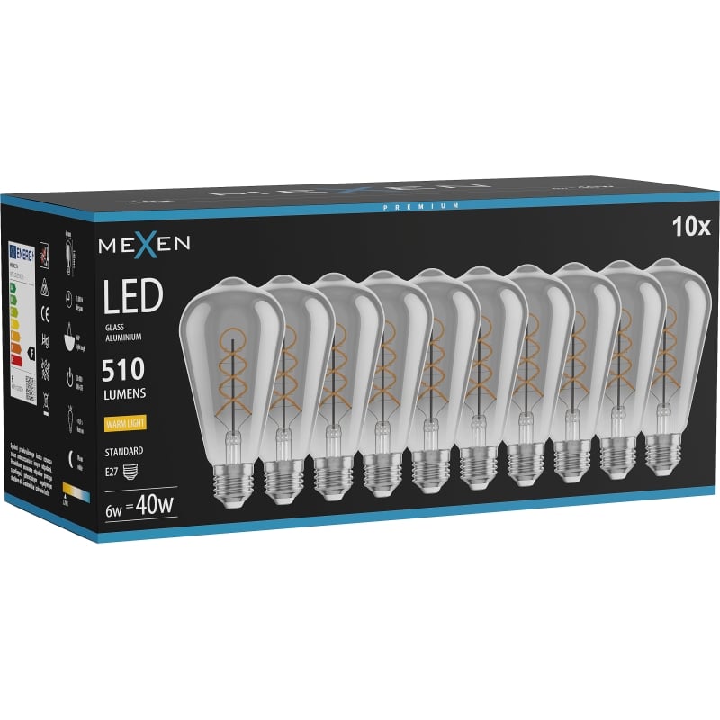 Mexen Vintis 10x Ampoule filament spirale LED E27, ST64, 6W, Chaude - 2700K, 510 lm, fumée - L162-E27-0627-70x10