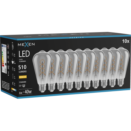 Mexen Vintis 10x Ampoule filament spirale LED E27, ST64, 6W, Chaude - 2700K, 510 lm, fumée - L162-E27-0627-70x10