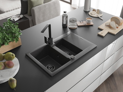 Mexen Gaspar évier en granit 1,5 bac avec égouttoir et robinet de cuisine Rita, noir moucheté - 6507-76-670300-70-B