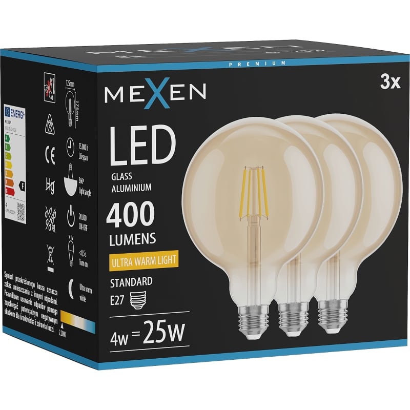 Mexen Vintis 3x ampoule à filament LED E27, G125, 4W, chaude - 2200K, 400 lm, ambre - L158-E27-0422-50x03