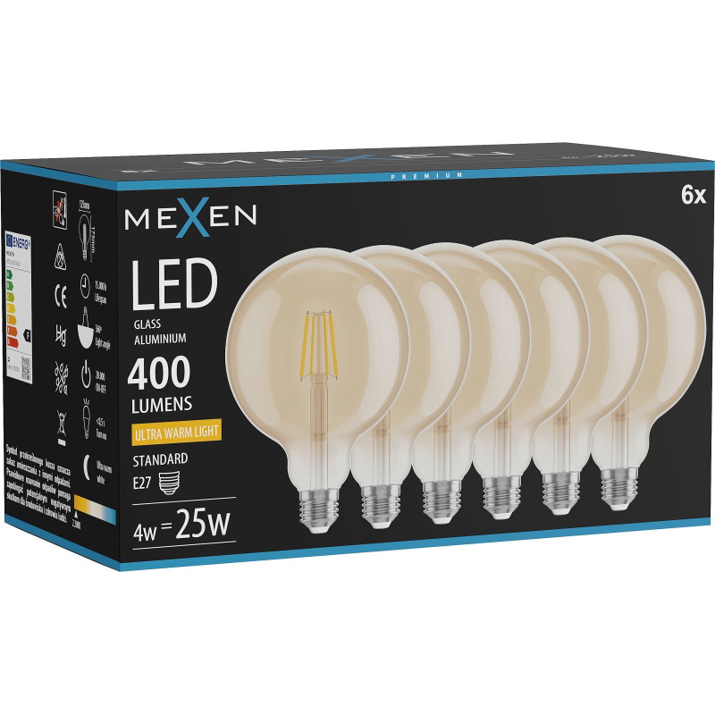 Mexen Vintis 6x Ampoule filament LED E27, G125, 4W, Chaude - 2200K, 400 lm, ambre - L158-E27-0422-50x06