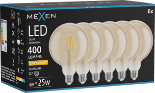 Mexen Vintis 6x Ampoule filament LED E27, G125, 4W, Chaude - 2200K, 400 lm, ambre - L158-E27-0422-50x06