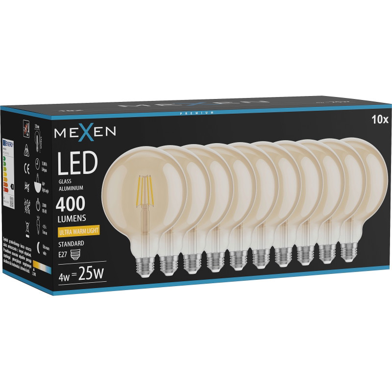Mexen Vintis 10x Ampoule à filament LED E27, G125, 4W, Chaude - 2200K, 400 lm, ambre - L158-E27-0422-50x10