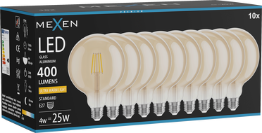 Mexen Vintis 10x Ampoule à filament LED E27, G125, 4W, Chaude - 2200K, 400 lm, ambre - L158-E27-0422-50x10