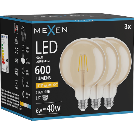 Mexen Vintis 3x Ampoule filament LED E27, G125, 6W, Chaude - 2200K, 600 lm, ambre - L158-E27-0622-50x03