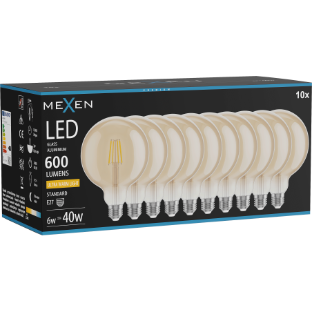 Mexen Vintis 10x Ampoule filament LED E27, G125, 6W, Chaude - 2200K, 600 lm, ambre - L158-E27-0622-50x10