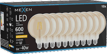 Mexen Vintis 10x Ampoule filament LED E27, G125, 6W, Chaude - 2200K, 600 lm, ambre - L158-E27-0622-50x10
