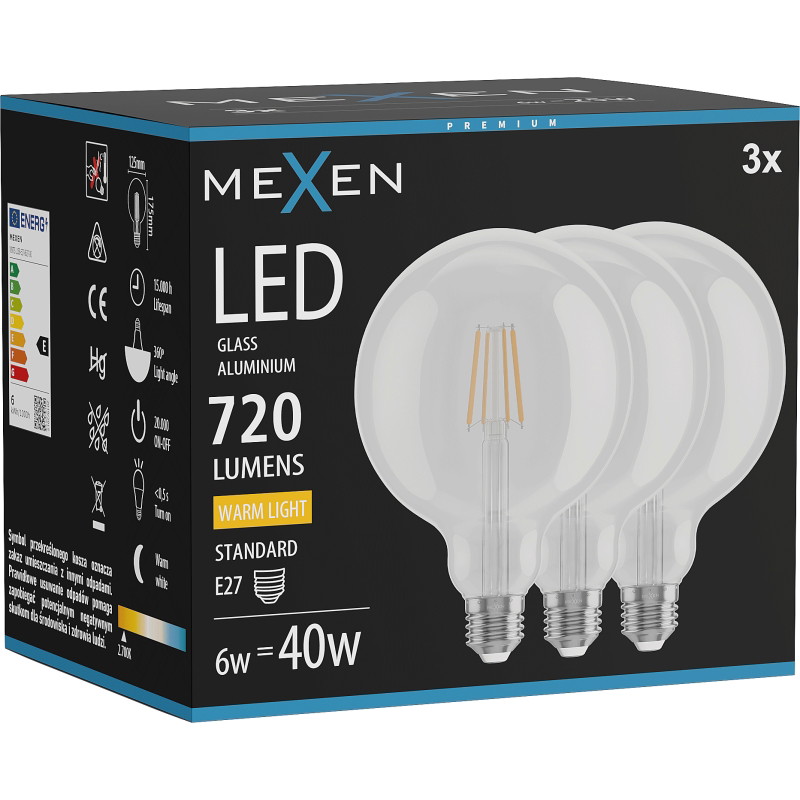 Mexen Vintis 3x ampoule à filament LED E27, G125, 6W, Chaude - 2700K, 720 lm, claire - L158-E27-0627-00x03