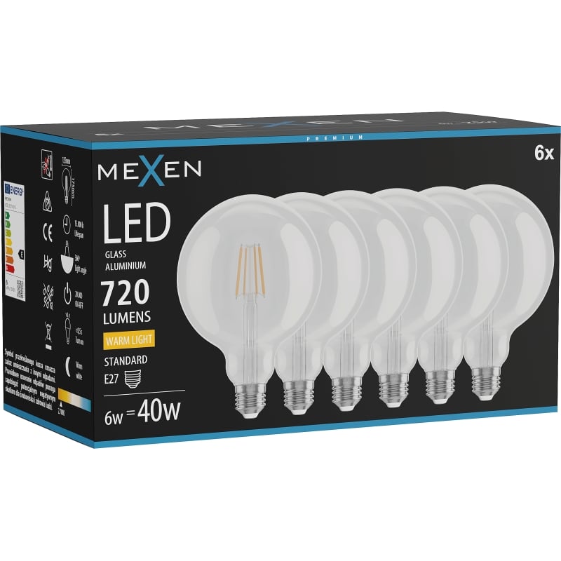 Mexen Vintis 6x Ampoule filament LED E27, G125, 6W, Chaude - 2700K, 720 lm, transparente - L158-E27-0627-00x06
