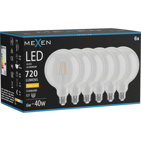 Mexen Vintis 6x Ampoule filament LED E27, G125, 6W, Chaude - 2700K, 720 lm, transparente - L158-E27-0627-00x06