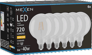 Mexen Vintis 6x Ampoule filament LED E27, G125, 6W, Chaude - 2700K, 720 lm, transparente - L158-E27-0627-00x06