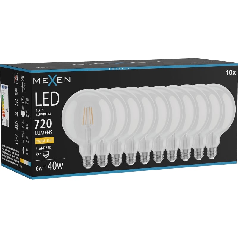 Mexen Vintis 10x Ampoule filament LED E27, G125, 6W, Chaude - 2700K, 720 lm, claire - L158-E27-0627-00x10