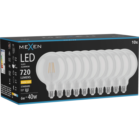 Mexen Vintis 10x Ampoule filament LED E27, G125, 6W, Chaude - 2700K, 720 lm, claire - L158-E27-0627-00x10