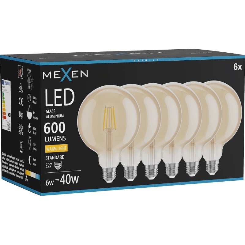 Mexen Vintis 6x Ampoule filament LED E27, G125, 6W, Chaude - 2700K, 600 lm, ambre - L158-E27-0627-50x06