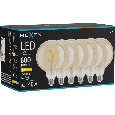 Mexen Vintis 6x Ampoule filament LED E27, G125, 6W, Chaude - 2700K, 600 lm, ambre - L158-E27-0627-50x06