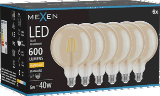 Mexen Vintis 6x Ampoule filament LED E27, G125, 6W, Chaude - 2700K, 600 lm, ambre - L158-E27-0627-50x06