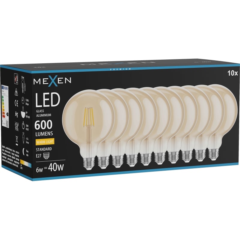 Mexen Vintis 10x ampoule filament LED E27, G125, 6W, Chaud - 2700K, 600 lm, ambre - L158-E27-0627-50x10