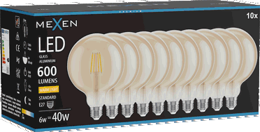 Mexen Vintis 10x ampoule filament LED E27, G125, 6W, Chaud - 2700K, 600 lm, ambre - L158-E27-0627-50x10